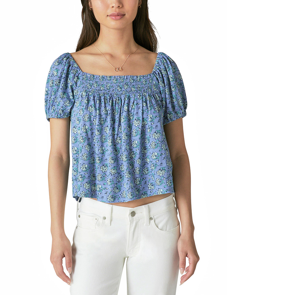 Lucky Brand Sqaure Neck Printed Top - Blue Multi